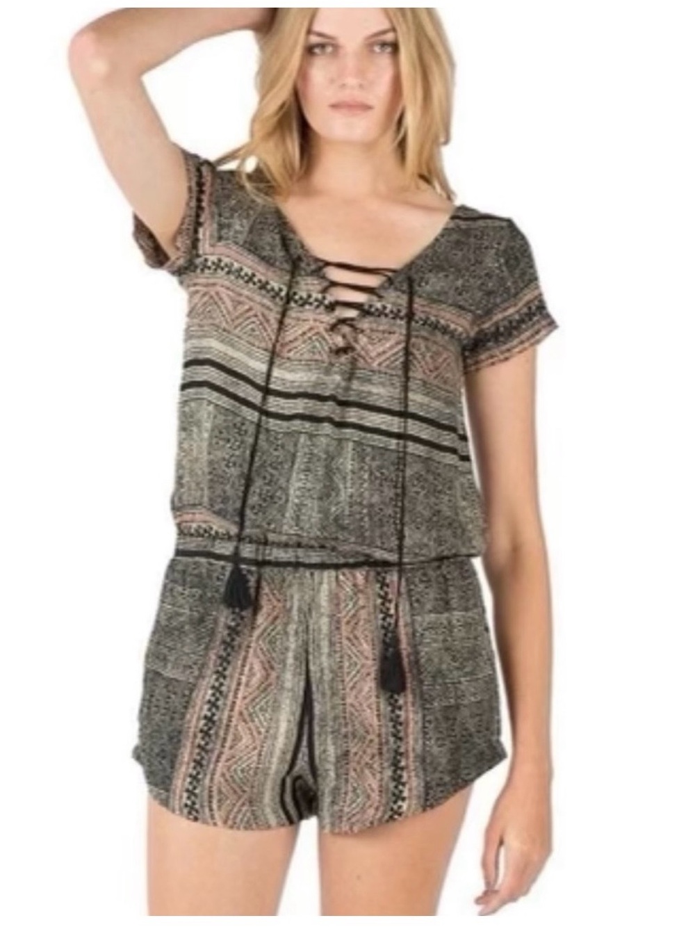 Cleobella Boho Lace-Up Short Romper in Black & Taupe Sz S